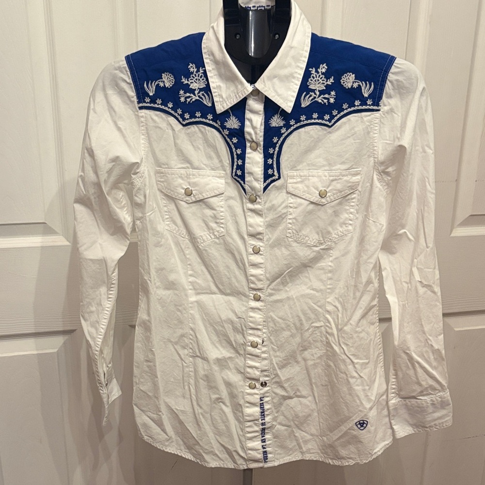 Ariat x Sendero rodeo shirt White Shirt with Blue Text